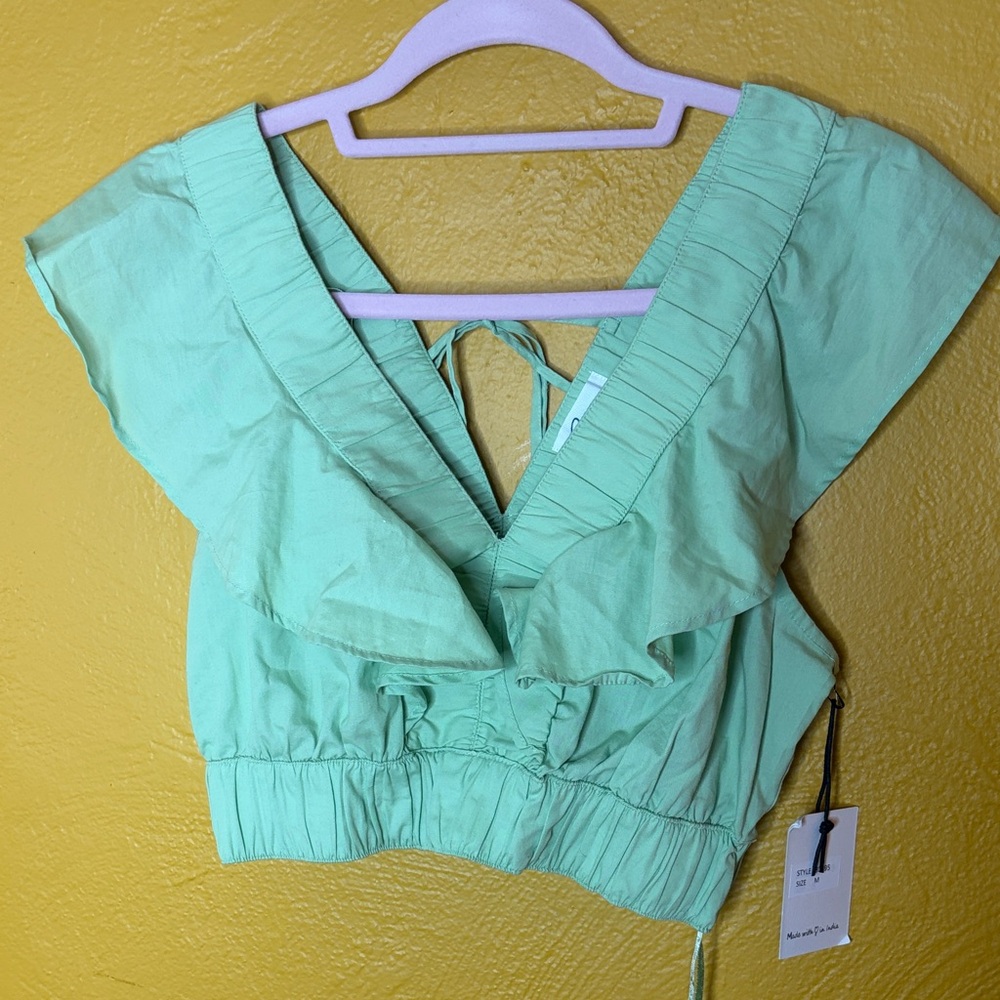 Japna Lime/Mint Green Women's Crop Top, ruffle front, tie back- Medium